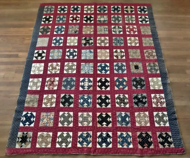 Unused Civil War Era Antique 1860's Hand Quilted Double T Block Quilt 85x70