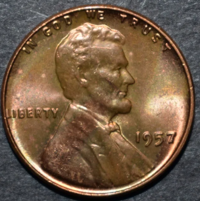 1957 P Lincoln Wheat Penny / Choice BU Mint Uncirculated Toning - 74Z