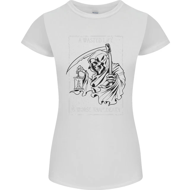 Wasted Life Grim Reaper Gothic Biker Skull Womens Petite Cut T-Shirt