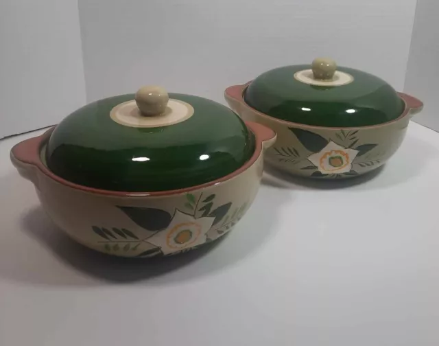 Stangl Pottery Star Flower Large Bowls with Lids Set of 2 Hand Painted Green
