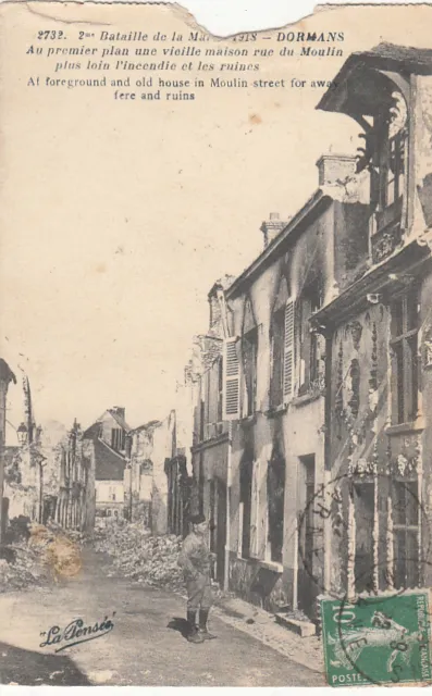 CPA GUERRE 14-18 WW1 MARNE DORMANS rue du moulin (déchirée en haut)