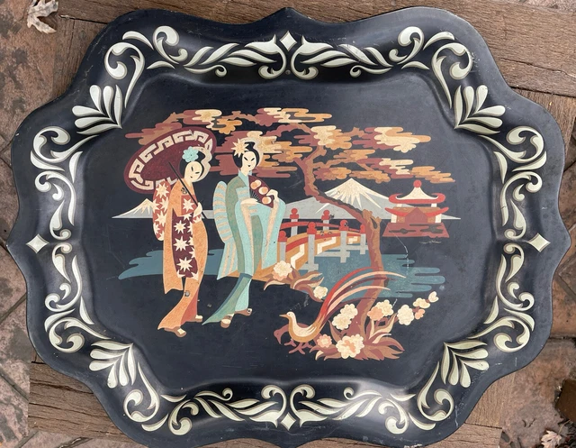 Vtg Mid Century Paint By Number Tole Tray Geishas Japan Scene 15” X 19” Black