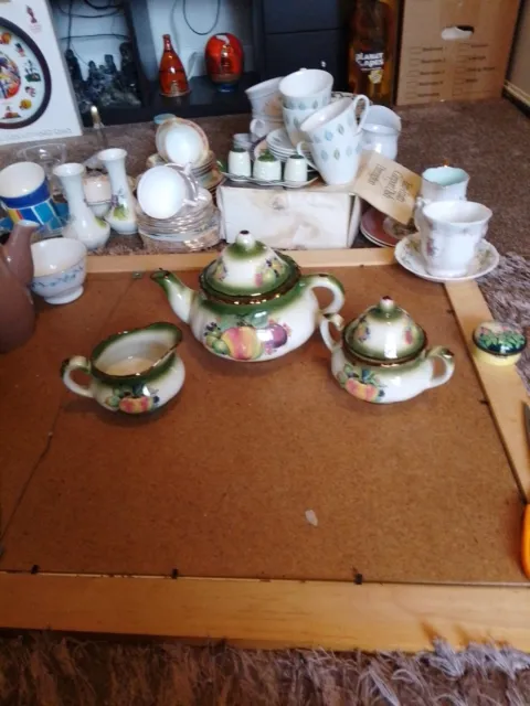 Mayfayre Pottery Staffordshire England Teapot, Milk Jug And Sugar Bowl Decorated