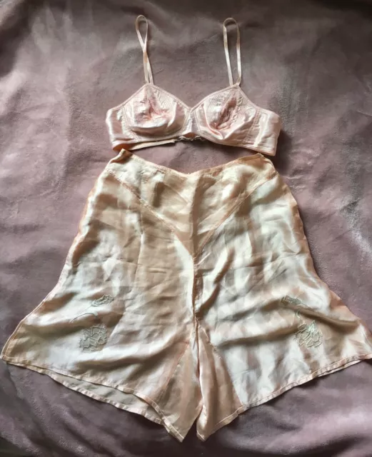 Vintage 1940s Peach Pink Silky Satin Triumph Bralette Tap Pants Set 1930s