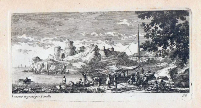 "Schiffslandung vor Festung" Kst.v. Perelle bei Basan, Paris um 1750/60