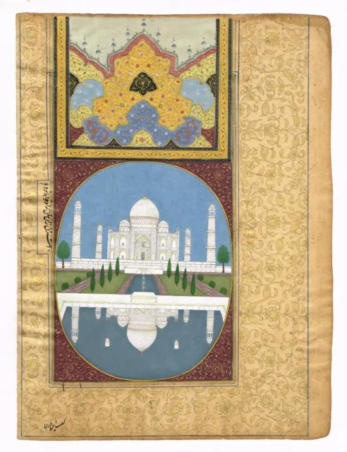Mogol Pintura De Taj Mahal Agra Mano Miniatura Original Oro & Gouache Trabajo