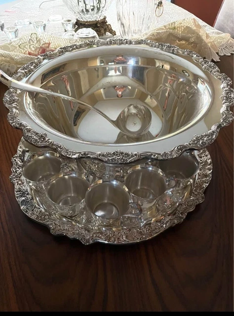 VINTAGE SILVER PLATED Punch Bowl With a Tray, a Spoon and 12 cups