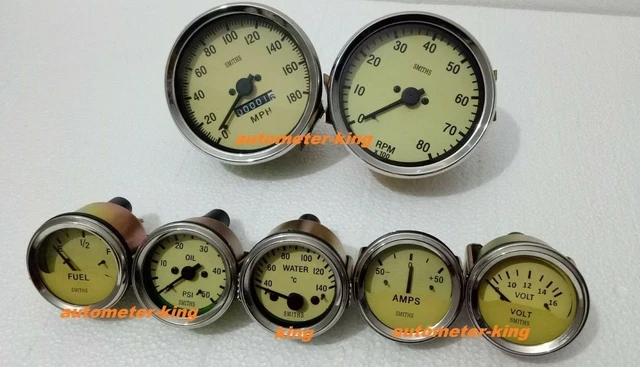 Smiths Style Replica Gauge Set - 85mm: Speedo, Tacho, Temp, Oil, Fuel, Amp & Clock