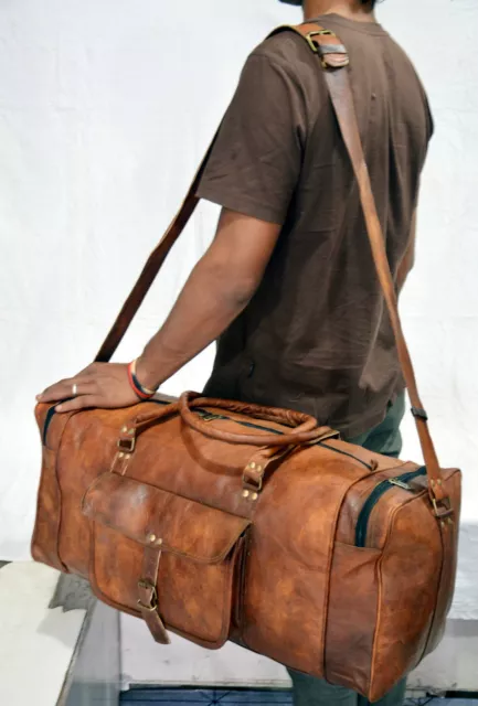 25" Mens Brown Vintage Genuine Travel Luggage Duffle Gym Bags Tote Goat Leather