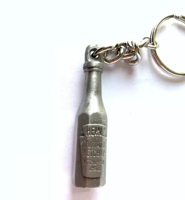 HEINZ KETCHUP BOTTLE METAL Pewter KEY RING Vintage  2" tall