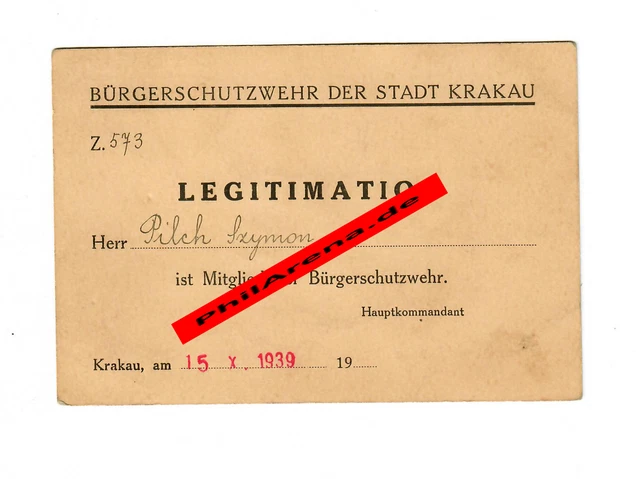 GG: Mitgliedsausweis der Bürgerschutzwehr der Stadt Krakau, 15.10.1939