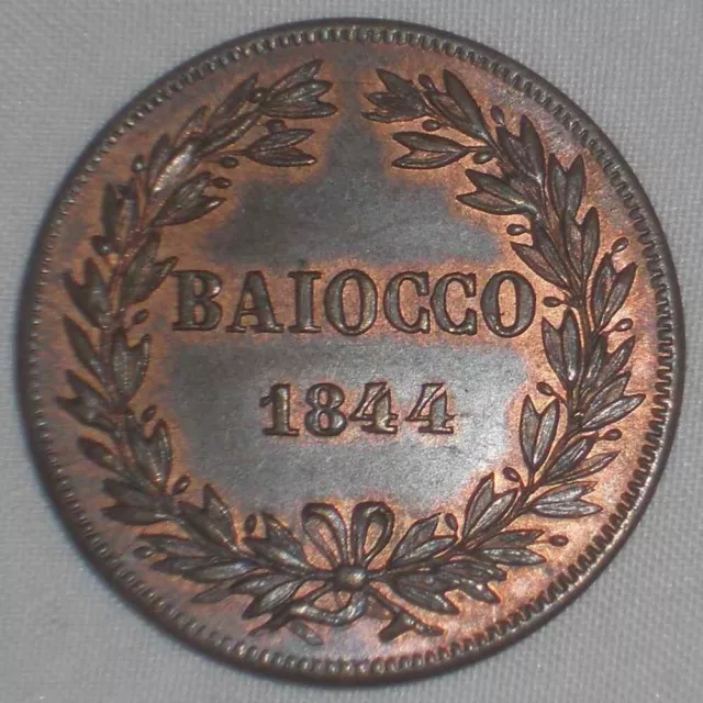 1844-R Copper Coin Italian Papal State Baiocco Pope Gregory XVI Year XIV UNC 3