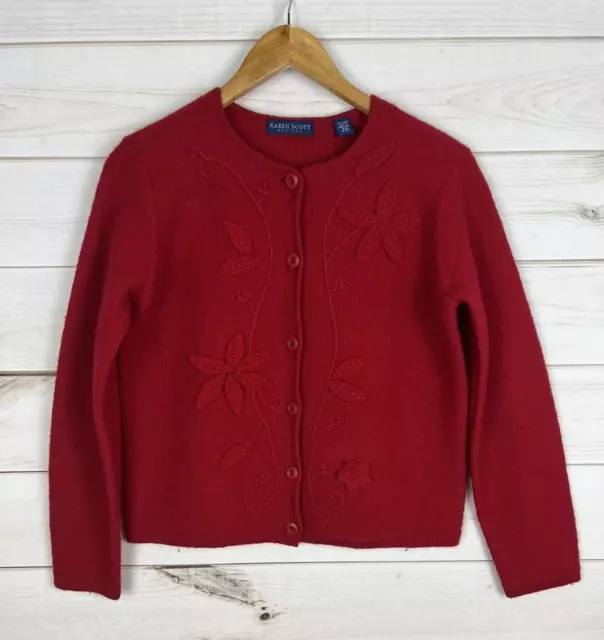 Karen Scott Cardigan Womens Small Petite Holiday Red Wool Embroidered Floral