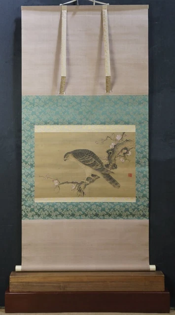 Antique Japan falconry painting Ume-Taka 1700s Edo Tadashi Kiyasu art