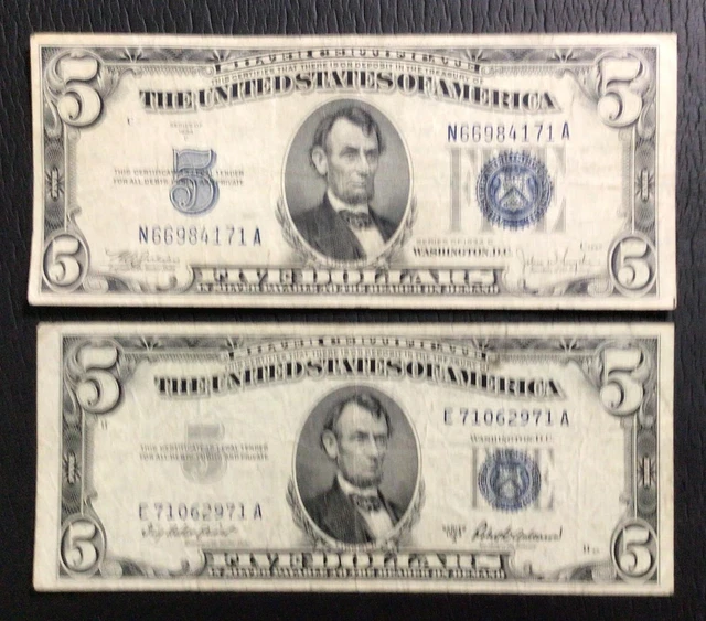 1934A $5 Blue SILVER Certificate X2971 & 1934C $5 Blue SILVER Certificate Set!