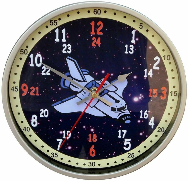 Wanduhr Kinder Lernuhr  Uhr Einschulung Raumschiff Weltall Funkuhr Lautlos