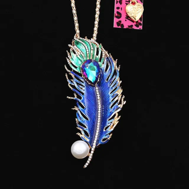 Enamel Crystal Betsey Johnson Peacock Feather Pendant Sweater Chain Necklace 3