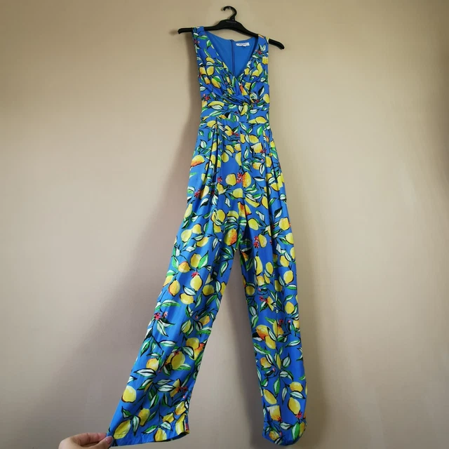 Great Plains Lemon Print Jumpsuit UK 10 Bright Summer Sleeveless Blue Yellow VGC