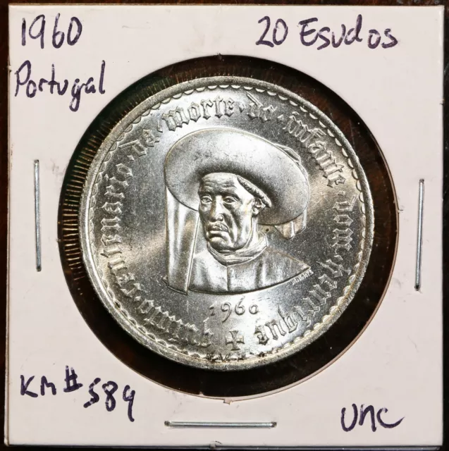 1960, Portugal, 20 Esudos - Silver, Uncirculated - KM#584 - EF1040.