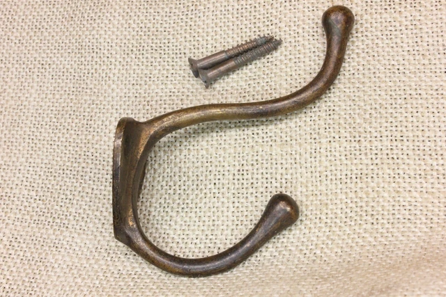 Old Coat Hook School House Farm Vintage Rustic Tarnished Solid Brass 2 7/8"