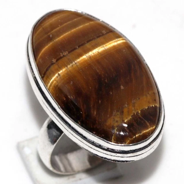 925 Silver Plated-Tiger Eye Ethnic Gemstone Handmade Ring Jewelry US Size-6 JW