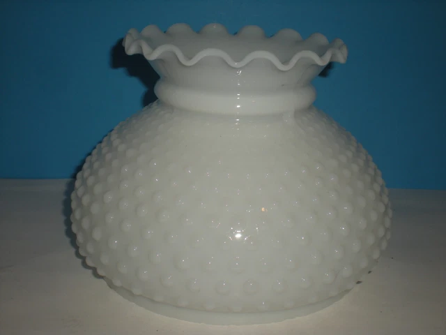 8" vtg Milk Glass Hobnail Student Lamp Shade Ruffle Top 7" Fitter n2