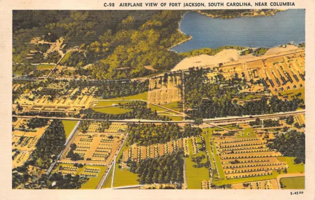 AIRPLANE VIEW FORT JACKSON SOUTH CAROLINA PATRIOTIC MILITARY POSTCARD (1940s)