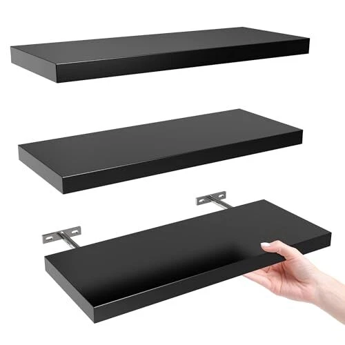 Floating Shelves, Black Wood Wall Shelf Set of 3, 16" Wall Mounted Floating