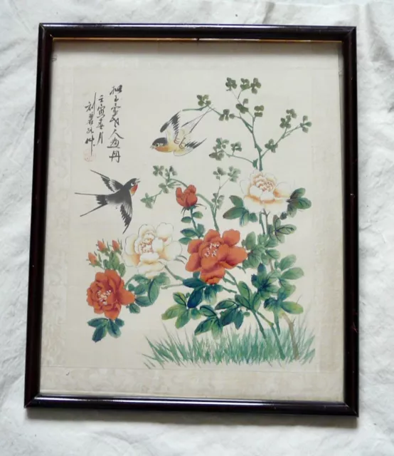 Peinture sur Soie JAPONAISE Signée Oiseux et Fleurs Tableau Japon