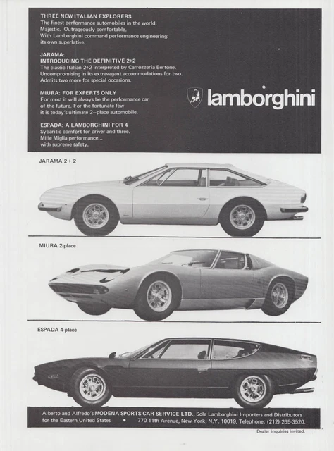 Three new Italian explorers: Lamborghini Jarama Miura Espada ad 1971
