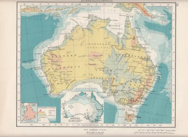 1923 Map ~ Australia Physical ~ Rainfall Heights & Depths Queensland Victoria