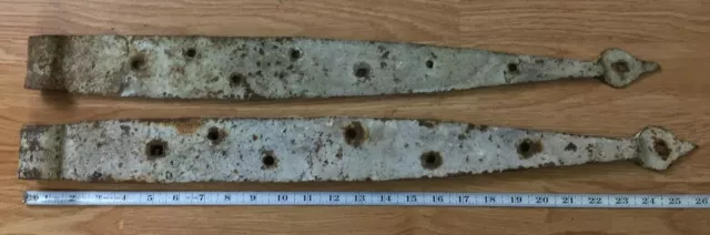 Antique Farm Barn Door Strap Spade Hinges Wrought Iron Pair 24.5” + 26” Set HUGE