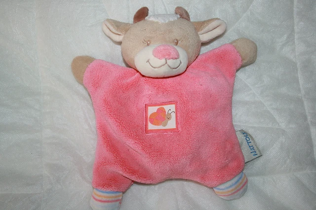 Nattou Doudou Vache Semi-Plat Rose Grelot Papillon Excellentetat Jamais Servi