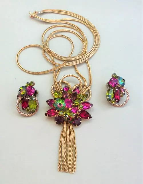 Vintage JULIANA MARGARITA Rhinestone Drop Necklace & Earring Demi Parure Set