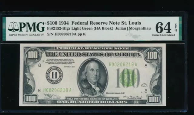 AC 1934 $100 Saint Louis FRN PMG 64 EPQ Light Green Seal LGS Fr 2152-H