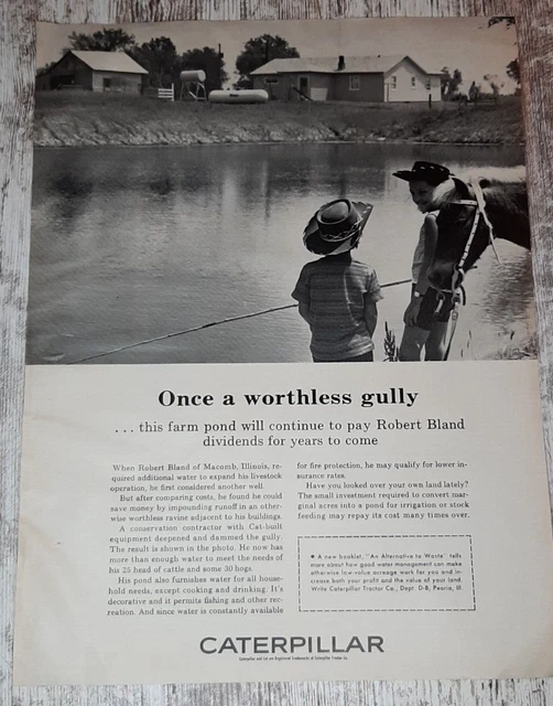 1966 Caterpillar Vintage Print Ad Farm Pond Boy Girl Cowboy Hat Pony Fishing B&W