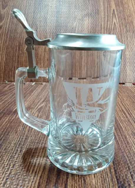 Vintage Glass Stein Etched Winston & Pewter Embossed Lid Glass Beer Mug Barware