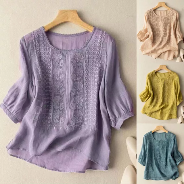 Women Floral Embroidery Crochet Tops T Shirt 3/4 Sleeve Casual Tee Shirts Tunic