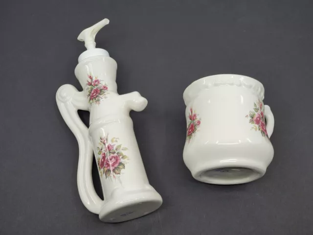 VB Athena Porcelain Floral Water Pump Style Soap Pump and toothbrush holder set