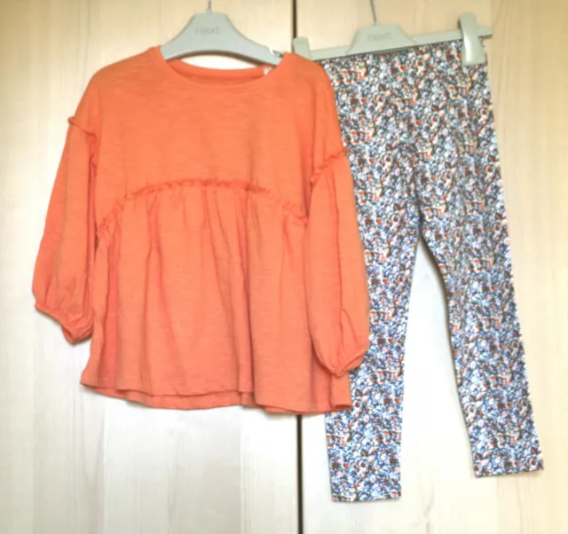 Next Girls Orange Ruffle Tunic Top & Floral  Leggings Age 3-4 Years BNWT