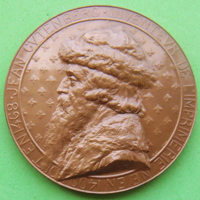 German Inventor Printer Johannes Gutenberg French Bronze Medal by LEON DESCHAMPS