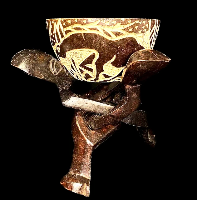 African Tribal Art Wooden Carved statue tribal wood Three Headed Unity-6632