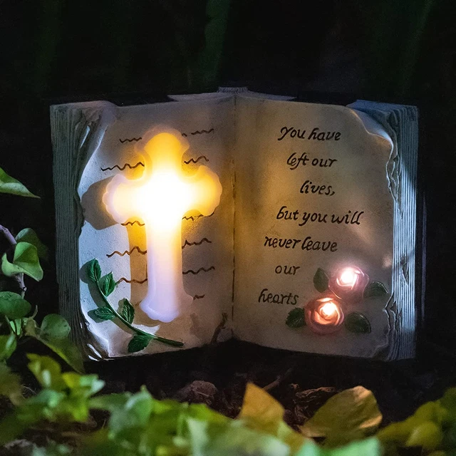 Bible-Shaped Memorial Stone Solar Cross Lights Outdoor for Garden or Yard Law...