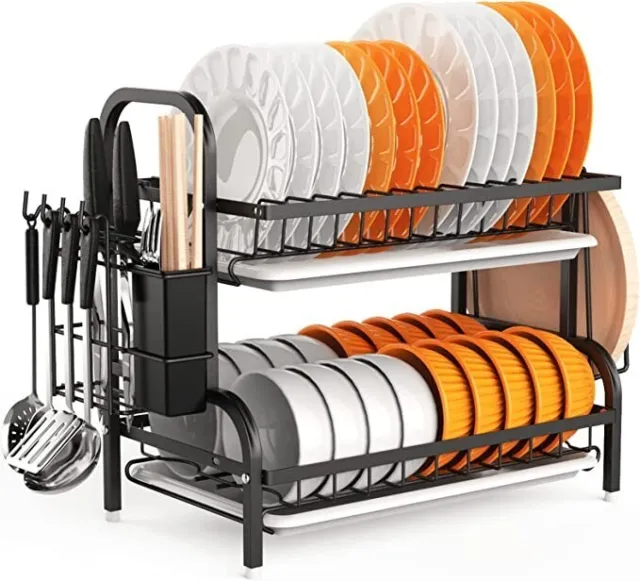 2-Tier Dish Racks for Kitchen Counter Sink Dish Drainer with Drainboard Utensil