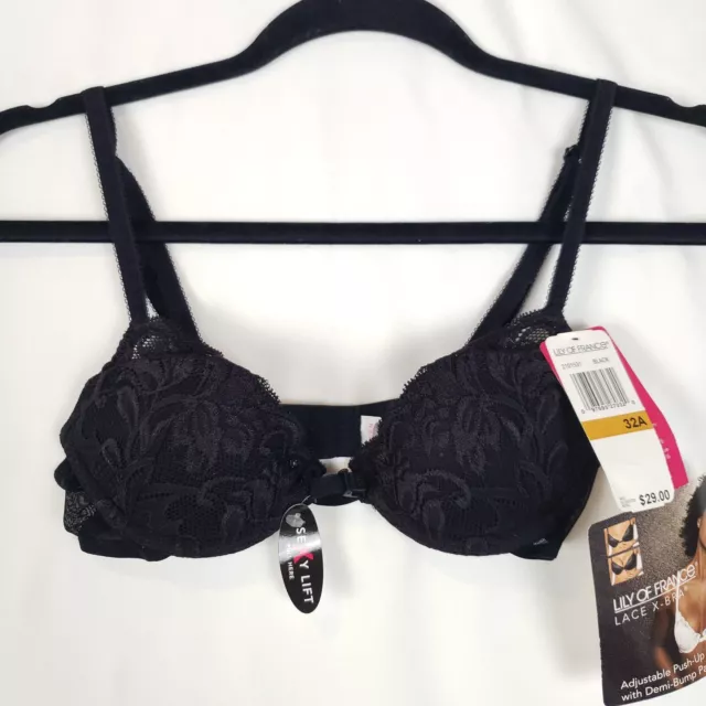 Lily of France Bra 32A Lace X-Bra Padded Push-Up Black Sexy Lift NWT