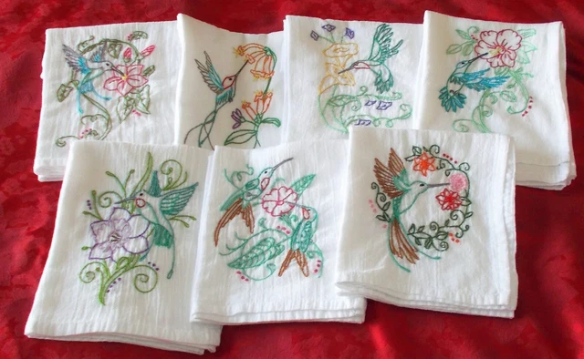 Embroidered  Flour  Sack  Dish Towels "Humming  Birds"  By Ede & Joe