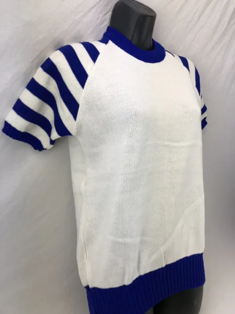 Vintage 60s Cheerleader Sweater Medium NWOT Dehen Acrylic Short Sleeve White Blu 2