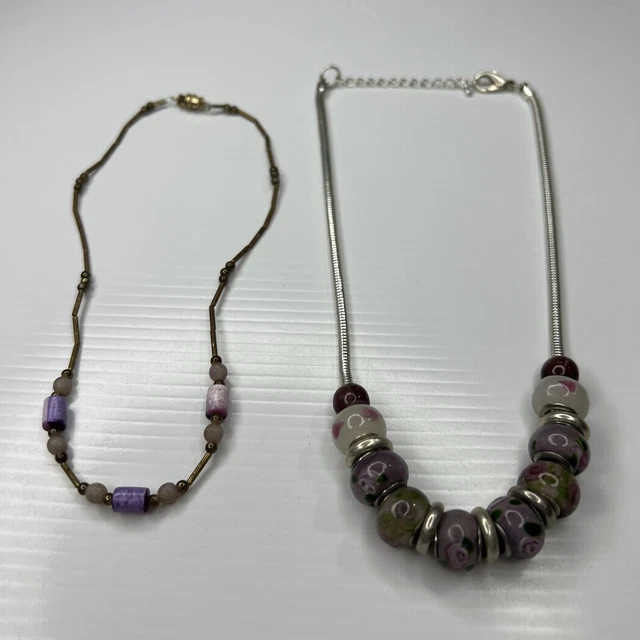 H3 Lot Purple Glass Bubble Beads Abalone Silver Cord Boho retro necklaces 18”