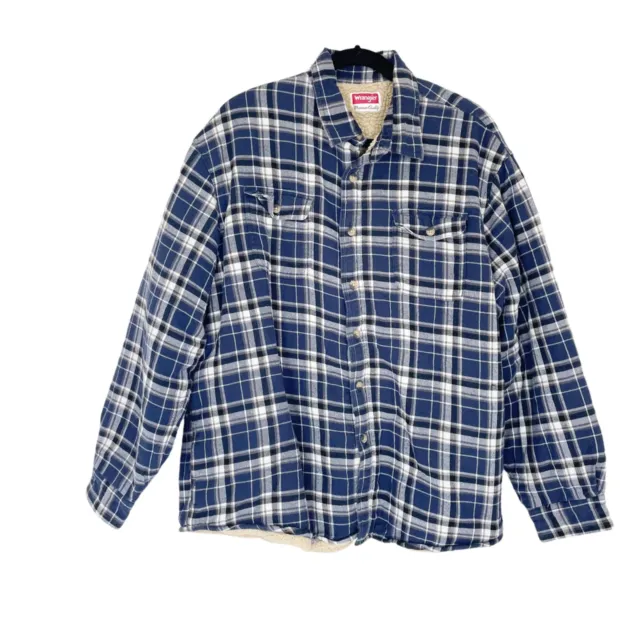Wrangler Men's Sz 2XL Blue and White Plaid Sherpa Lined Shirt Jacket Shacket