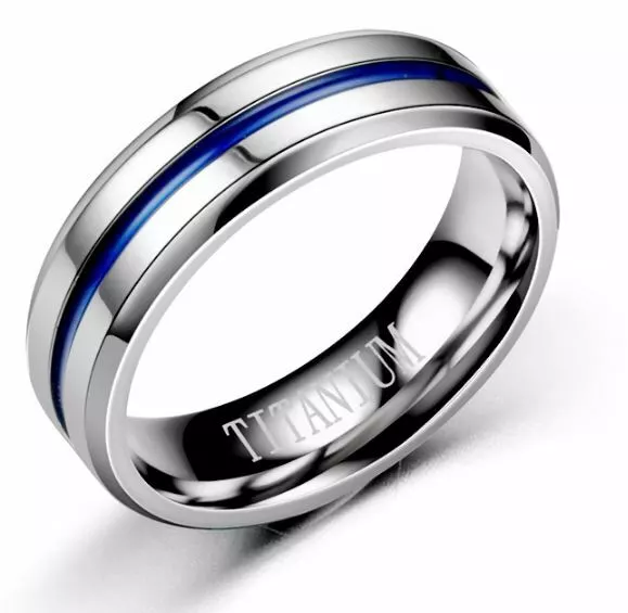 Ring Unisex Edelstahl 316L Titanium Silberfarbe mit Blau Nut 6 mm Breit (24A)